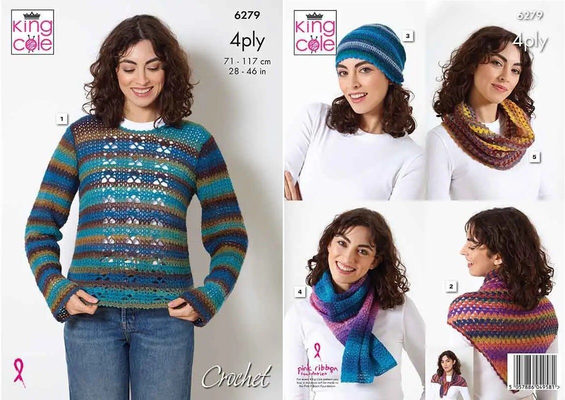 King Cole 4 Ply Crochet Pattern - 6279 Ladies Sweater & Accessories (5 Designs)