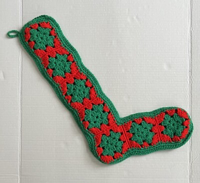 Vintage Hand Crocheted Christmas Stocking Granny Squares Red Green Yarn