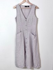 Tahari 100% Linen Button Front Dress Sleeveless V-Neck Lagenlook Coastal Relaxed