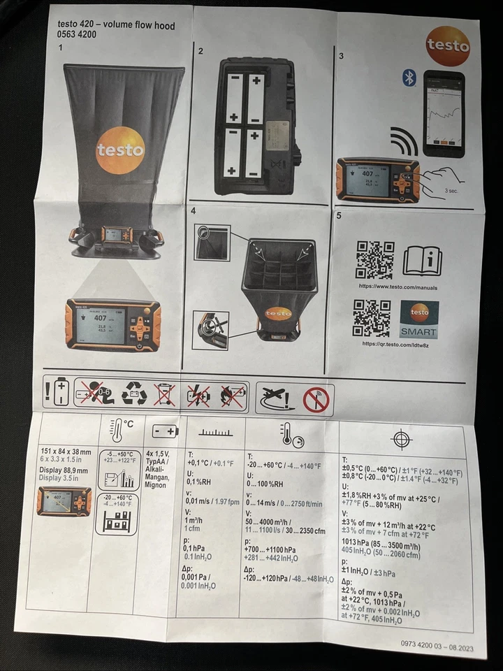 Testo 420 Volume Flow Hood Air Flow Meter with Bluetooth App - Image 4 of 4
