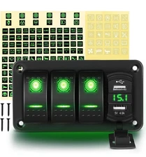 GOOACC 3 Gang Rocker Switch Panel Green Backlit with 4.8 Amp Dual USB Charger