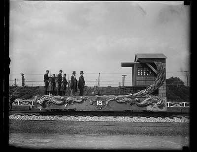 Photo:1927 Parade Float Men Top Hats Ornate Train Railcar Stadium