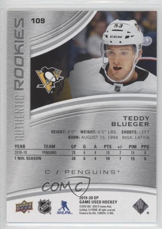 2019 Upper Deck SP Game Used Authentic Rookies /53 Teddy Blueger #109 Rookie RC - Image 2 of 2