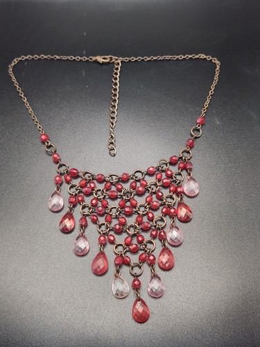 #0065 - Antique Bronze Tone Red Pink Beaded Bib Statement Necklace 15.7g