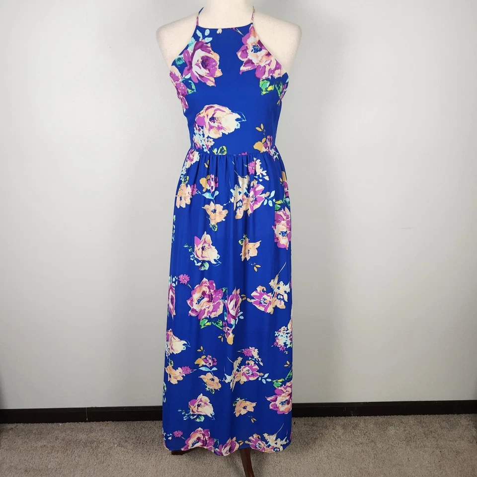 Maxi Vestido Everly Azul Multicolor Estampado Floral Sin Mangas Espalda Corredora (S) #0381 Foto 3 de 4