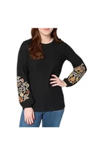 Belle Boho by Kim Gravel Women's Waffle Knit Embroidered Top Black