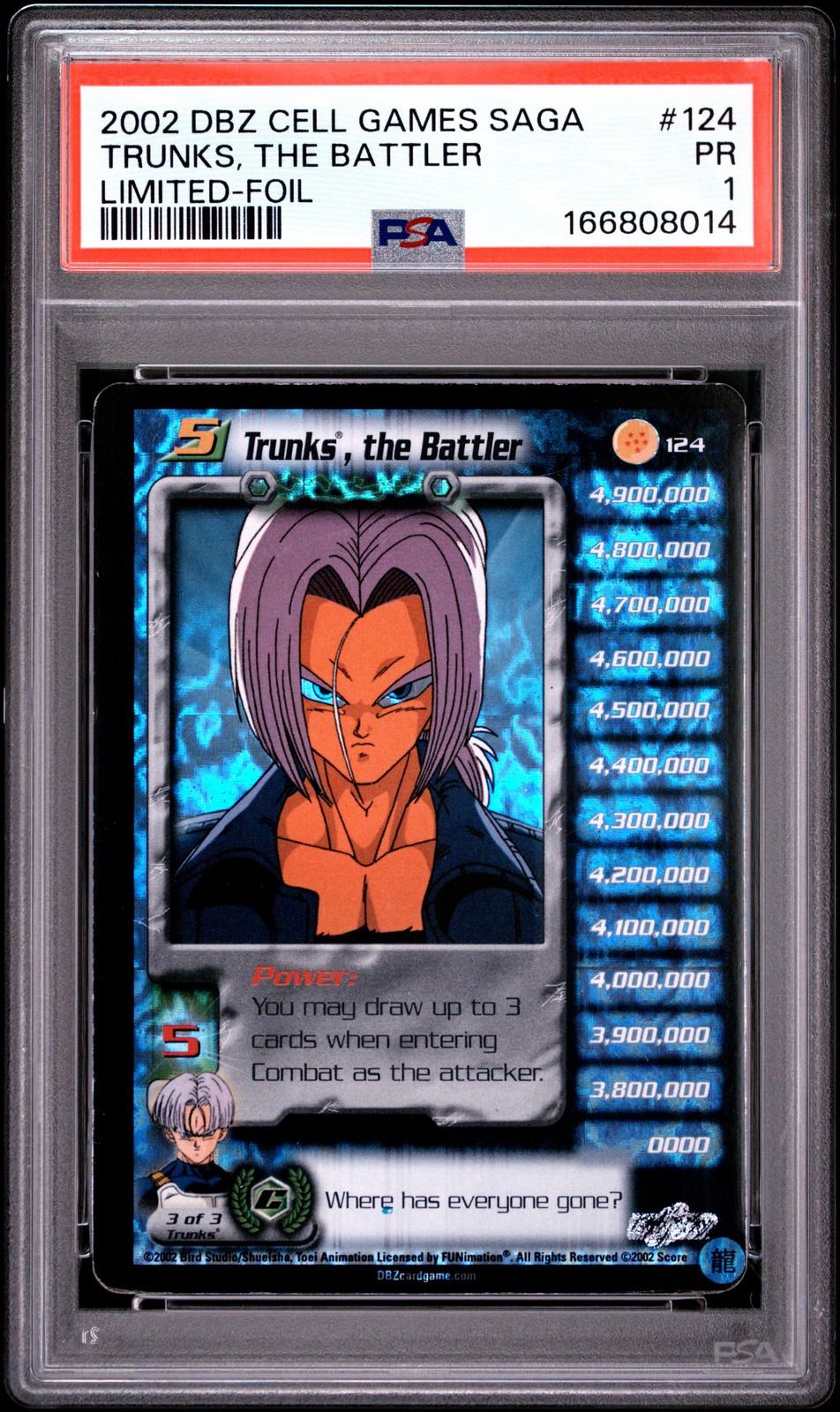 2002 SCORE DRAGON BALL Z CELL GAMES SAGA LIMITED-FOIL TRUNKS, THE BATTLER PSA 1 view 1