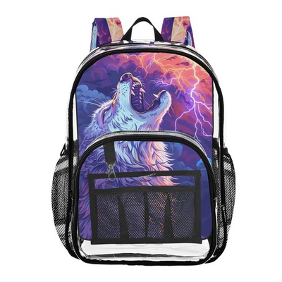 #ad Howling Wolf Sky Clear Backpack Heavy Duty See Through Transparent PVC $45.98