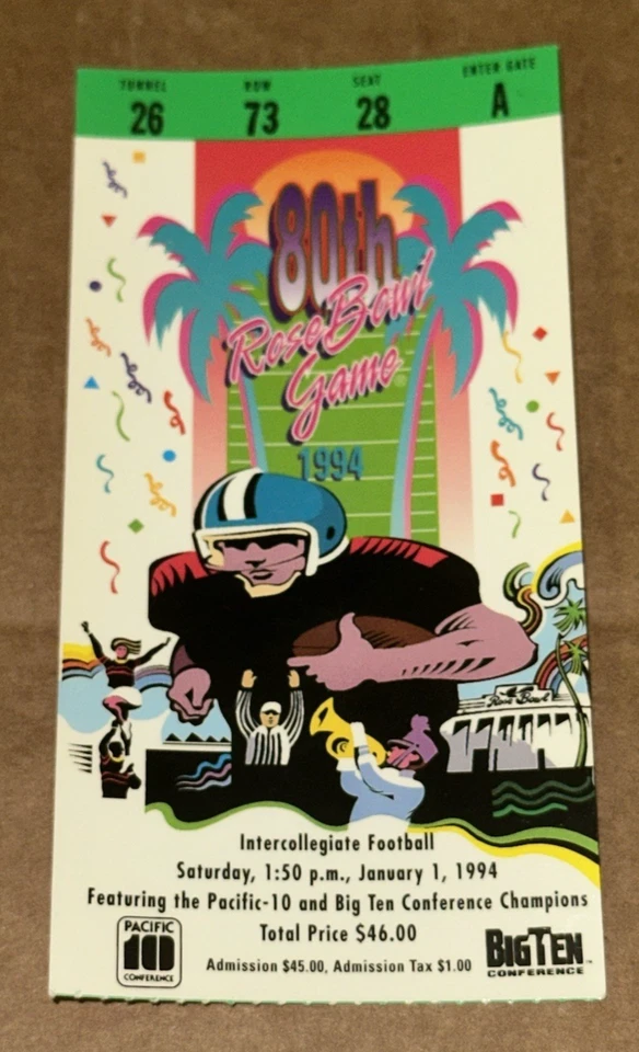 Boleto de temporada del juego de fútbol americano Rose Bowl 1994 Pasadena Wisconsin UCLA Foto 3 de 4