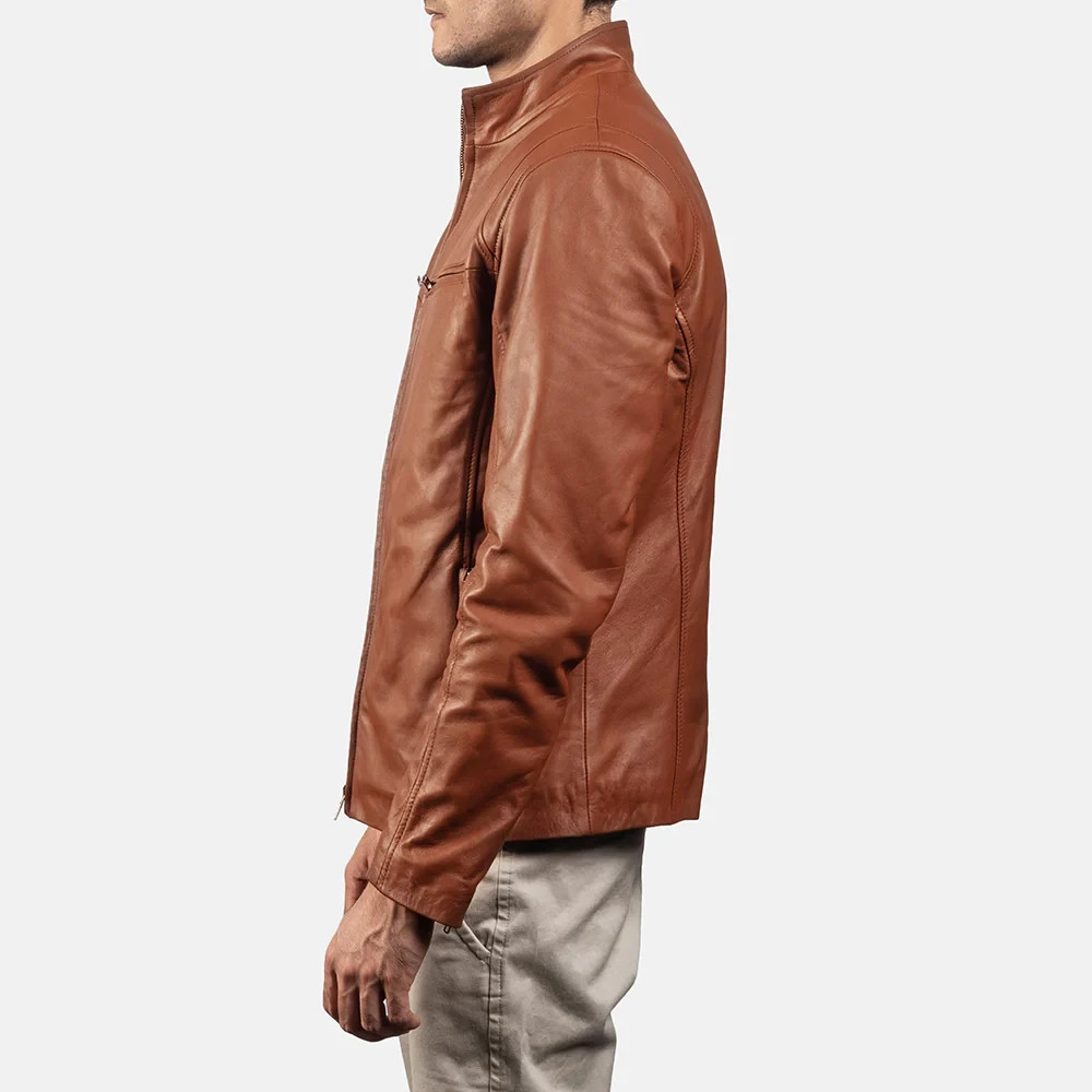 Men’s Brown Leather Jacket Slim Fit Stand Collar Casual Biker Style image 5