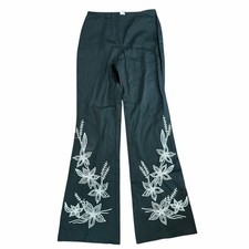 Cache Vintage Womens Black Pants with White Floral Embroidery Wide Leg Size 6