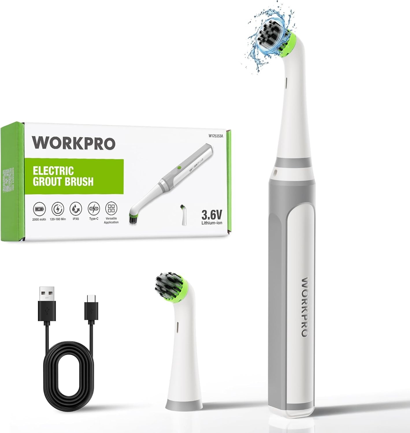 WORKPRO Cordless Grout Brush Set IPX6 Waterproof Electric Scrubber with Type-C