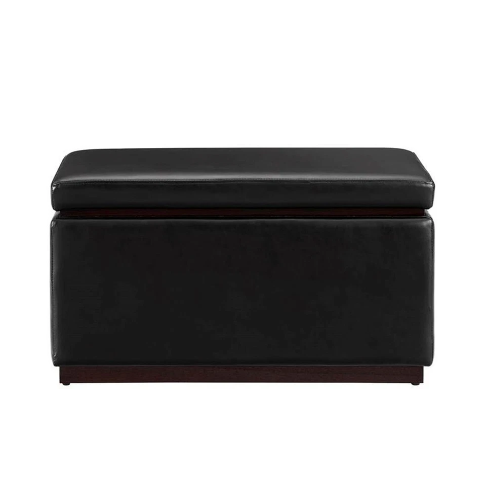Linon Hawn Rectangle Storage Ottoman Dark Wood Trim in Black Faux Leather - Image 4 of 4