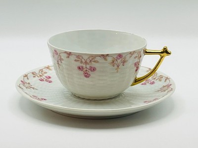 CHARLES FIELD HAVILAND LIMOGES CHF 1788 PINK ROSES WHITE BASKET WEAVE CUP SAUCER