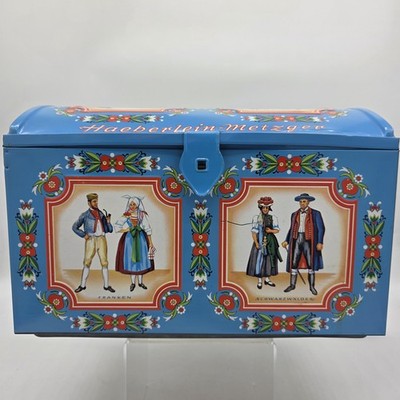 Vintage Haeberlein-Metzger Folk Art Cookie Tin Large Blue German With Lid Decor