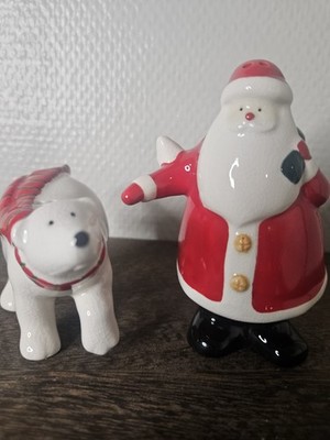 RUSS Christmas Salt Pepper Shaker Set SANTA CLAUS & POLAR BEAR Ceramic Figurines