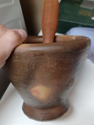 Large Heavy Antique Primitive Apothecary Red Clay Mortar & Wood Pestle Excellent