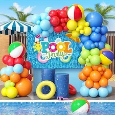 129Pcs Pool Party Decorations Birthday Supplies, Outdoor Pool Summer Theme Ballo
