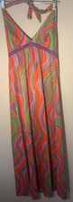 70s Slewcat Multicolor Abstract Satin V-Neck Tie Strap Maxi Dress Women’s 14