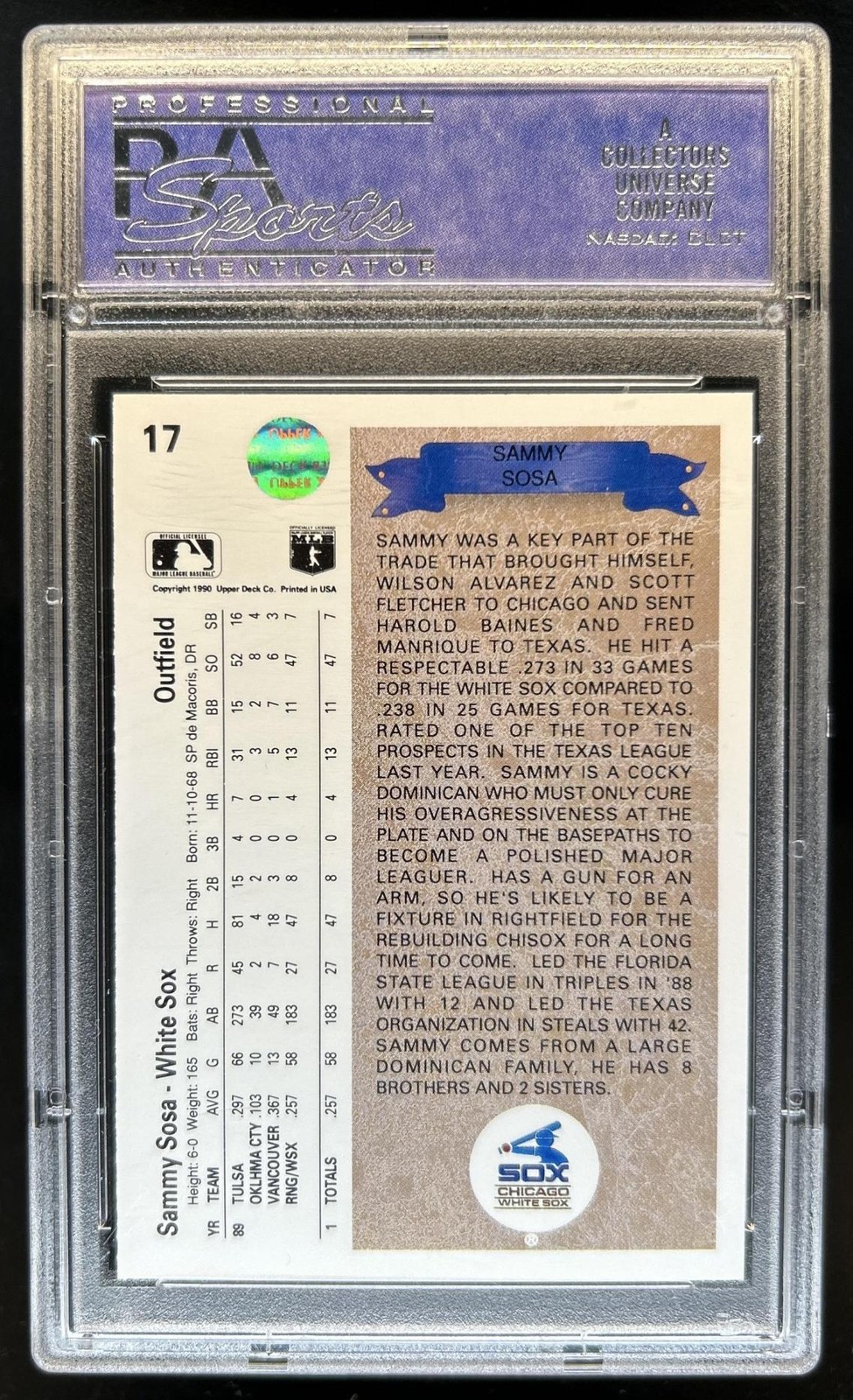 1990 Upper Deck Sammy Sosa Rookie RC #17 White Sox PSA 9 view 2