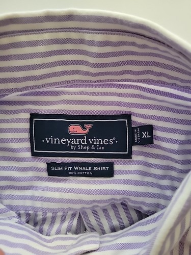 Vineyard Vines Slim Fit Whale Shirt White Purple Striped Oxford Mens Size XL - Picture 3 of 5