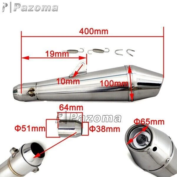 Silenciador de escape universal de acero inoxidable de 38-51 mm cromado para motocicleta ATV Foto 3 de 4