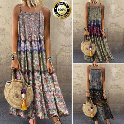 UK Summer Women Sleeveless Cotton linen Long Maxi Kaftan Dress Plus Size 6-18