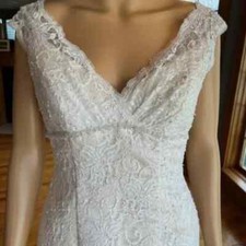 Davids Ivory Lace Knee Length Empire Cap Sleeve Wedding Gown Bridal Dress Size 4