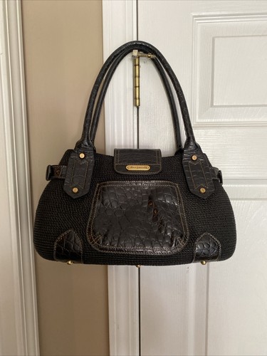 Eric Javits Black Woven Squishee Straw Croc Embossed Leather Shoulder Bag - Picture 15 of 16