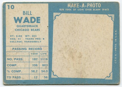 1961 Topps #10 Bill Wade Chicago Bears - Foto 2 di 2
