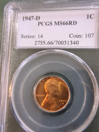 1947-D RED PCGS MS-66 Lincoln BU coin uncirculated cent lovely Red