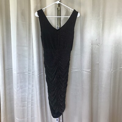 French Connection Small Black Gold Metallic Midi Dress Ruched Sleeveless  Stretch | eBay