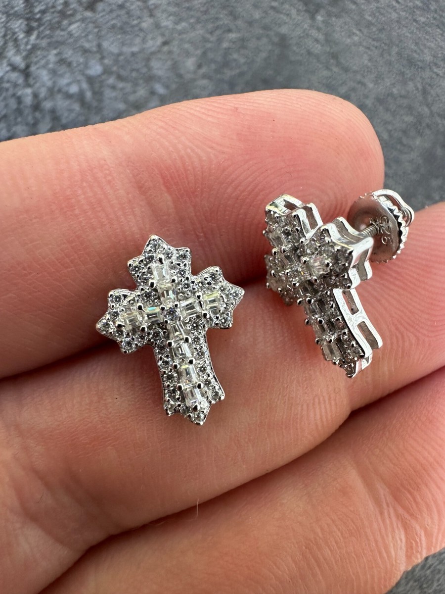 Gothic Cross Large Earrings Real 925 Sterling Silver Iced