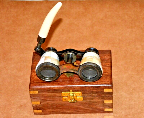 Antique Nautical Brass Binocular Mother Pearl Opera Glasses with Wooden Box Gift - Picture 3 of 11
