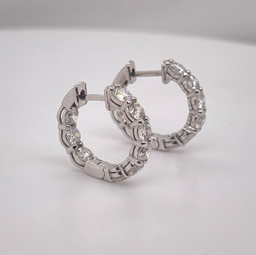 18K White Gold 2.20 Ct Natural Round Diamond Huggie Inside Out Hoop Earrings - Picture 3 of 7