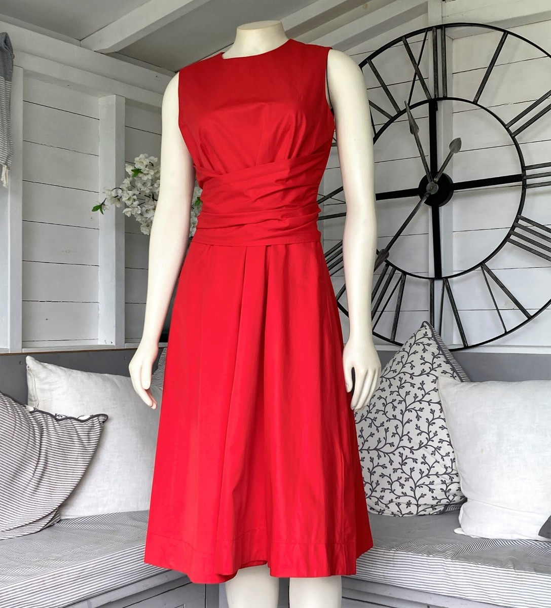 HOBBS Red Poplin Cotton Blend Twitchill Belted Midi Fit Flare