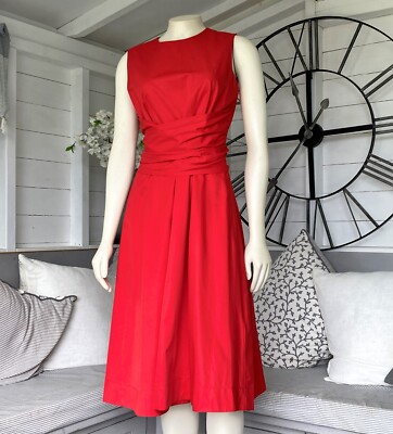 HOBBS Red Poplin Cotton Blend Twitchill Belted Midi Fit \u0026 Flare Dress 10 |  eBay
