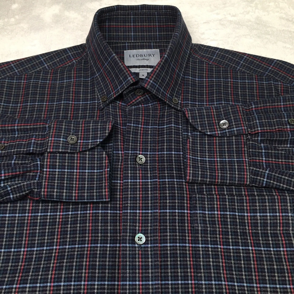 Camisa Ledbury Para Hombre Talla Mediana Gris Oscuro/Rojo/Azul Cuadros Calce Ajustado Mangas Largas Foto 4 de 4