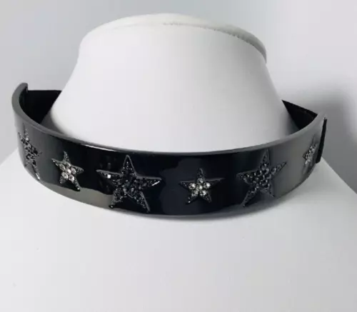Black Metal 16" Choker Stars Rhinestones Black Ribbon Adjustable Chain Goth NWT