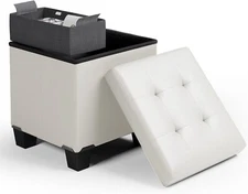 Storage Ottoman Cube with Bin, 15-In Square 15 Inch, White Leather 