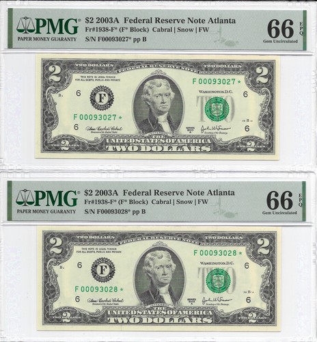 2003A $2 ATLANTA * STAR * ⭐️ FRNs. 2 PMG Gem Uncirculated 66 EPQ. SCARCE Series