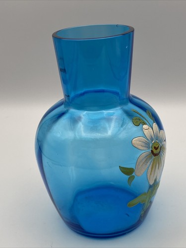 Vintage Blue Glass Vase With Hand Painted Flower Cottagecore Decor - Picture 5 of 8