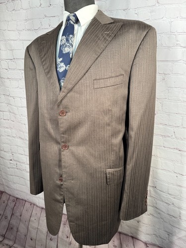 T-FUSION Mens Brown Classic Fit Pinstripe Pleated 2pc Suit 46L Jacket 40x33 Pant - Picture 3 of 12