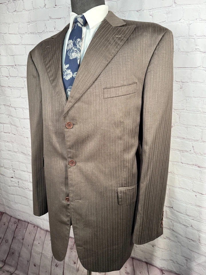 T-FUSION Mens Brown Classic Fit Pinstripe Pleated 2pc Suit 46L Jacket 40x33 Pant - Image 3 of 4