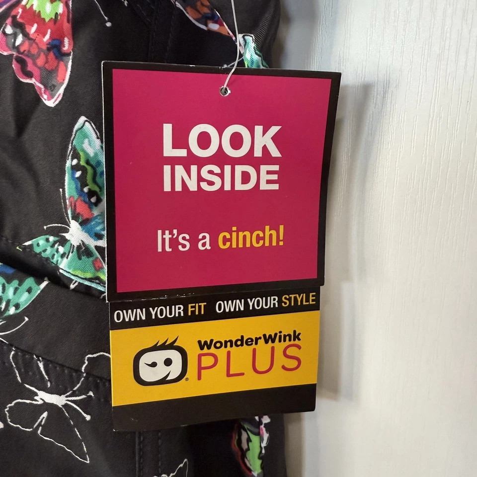 NWT WonderWink Plus 2X Butterfly Print Scrub Top Cinch Waist Black V-Neck - Image 4 of 4