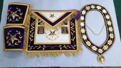 Masonic Oes Grand Patron Lambskin Apron and Cuffs Hand Embroidery and collar