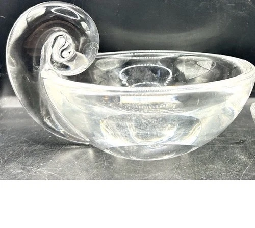 Steuben Signed Snail Handle Clear Glass Bowl