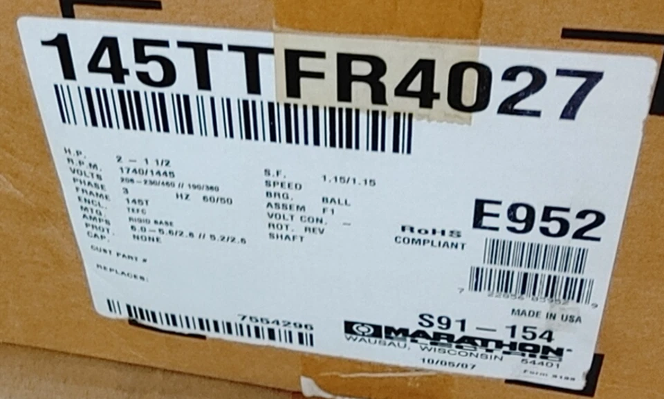 Marathon 2HP MOTOR E952 - 145TTFR4027 1800 RPM 3PH 145T 230/460V - OLD SURPLUS - Image 2 of 3