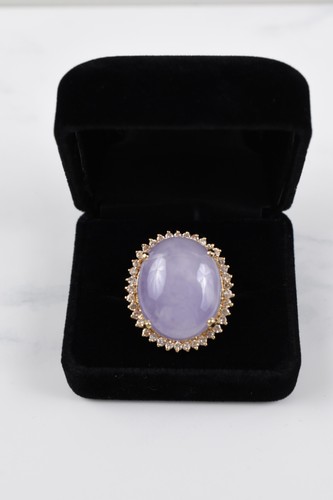 Vintage 14KT Yellow Gold Lavender Jade Ring w Diamond Halo Sz 7.5 17.72g 24x20mm