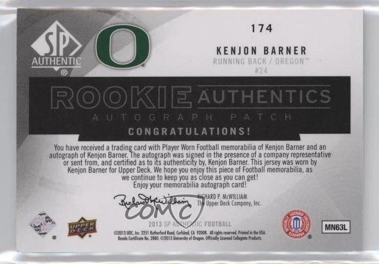 2013 SP Authentic Authentics /650 Kenjon Barner #174 RPA Rookie Patch Auto RC - Image 2 of 2